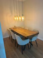 Handgemaakte tropische hardhouten eettafel met stalen poten, Huis en Inrichting, Ophalen, 50 tot 100 cm, Zo goed als nieuw, Vijf personen of meer