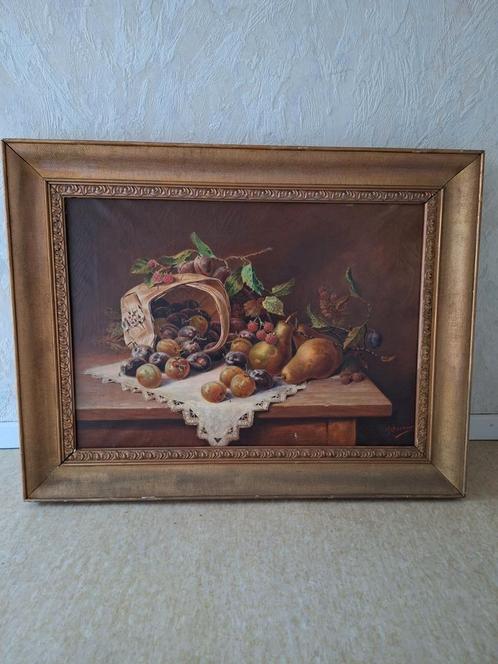 Stilleven in olieverf met fruitmand, Antiek en Kunst, Kunst | Schilderijen | Klassiek, Ophalen of Verzenden