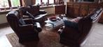 donkerbruine salon in leder., Huis en Inrichting, Tafels | Eettafels, Ophalen, Gebruikt, 100 tot 150 cm, Eikenhout