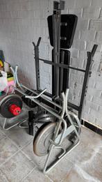 Plooibare benchpress met leg extension, arm curl en weights, Sport en Fitness, Fitnessmaterialen, Ophalen, Fitnessbank