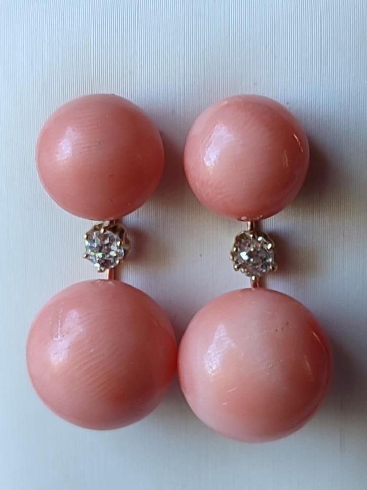 Antieke koralen oorbellen met diamanten, cert ALGT, Handtassen en Accessoires, Antieke sieraden, Oorbellen, Goud, Met edelsteen