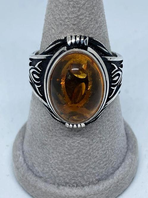 Zilveren heren ring met natuurlijke Amber maat 27, Bijoux, Sacs & Beauté, Bagues, Neuf, Femme, 20 ou plus grands, Autres couleurs