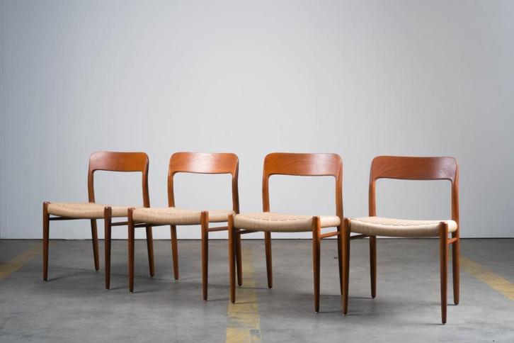 4 x Niels O. Møller - Model 75 eetkamerstoel, Huis en Inrichting, Stoelen, Zo goed als nieuw, Vier, Hout, Riet of Rotan, Overige materialen