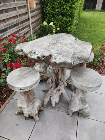 Wortelteakhouten barset incl 4 barkrukken, Enlèvement, Utilisé, Salons de jardin