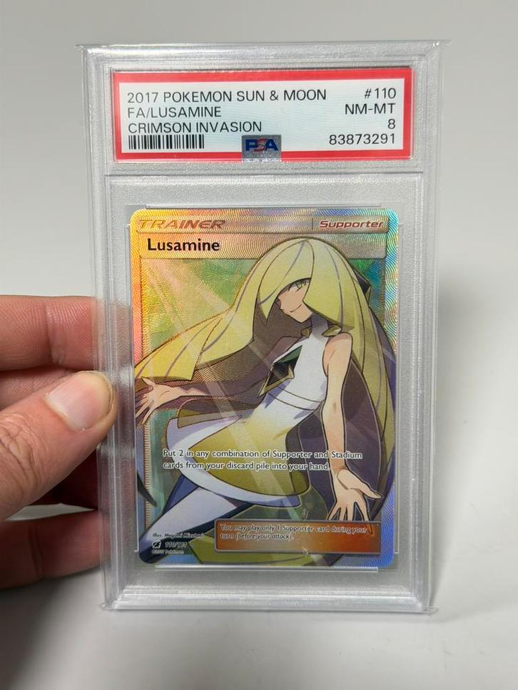 2017 Pokémon Sun Moon Crimson Invasion Lusamine - PSA 8, Hobby en Vrije tijd, Verzamelkaartspellen | Pokémon, Zo goed als nieuw
