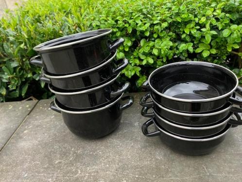 4 EMAILLE MOSSELPOTTEN MOSSEL KOMMEN. ZO GOED ALS NIEUW., Huis en Inrichting, Keuken | Potten en Pannen, Zo goed als nieuw, Kookpan of Snelkookpan