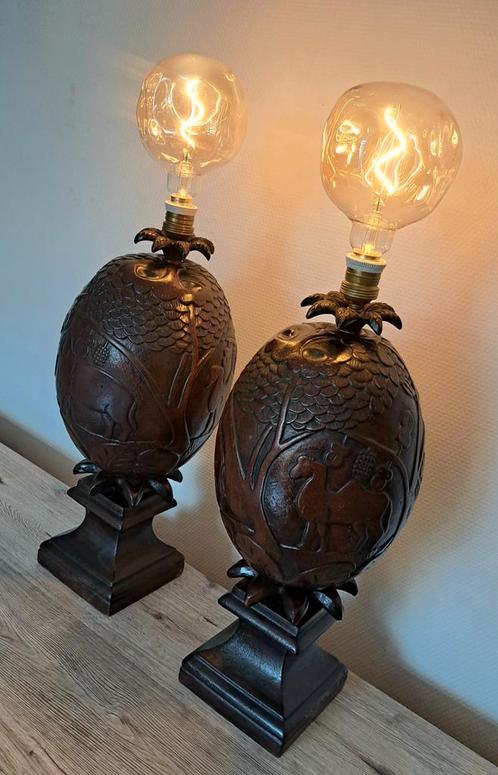 Art deco grote lampen, ananashout, uitgesneden dieren, Antiek en Kunst, Antiek | Verlichting, Ophalen of Verzenden