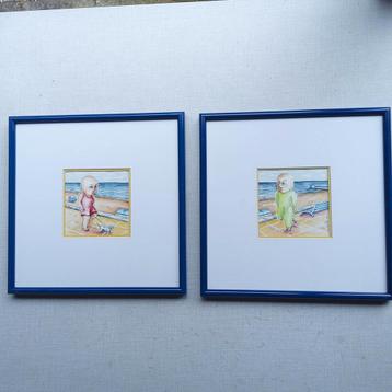 Ingelijst aquarel-duo. ." Ontmoeting op de zeedijk" beschikbaar voor biedingen