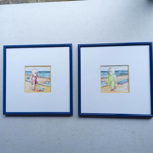 Ingelijst aquarel-duo. ." Ontmoeting op de zeedijk", Antiek en Kunst, Kunst | Schilderijen | Modern, Ophalen of Verzenden