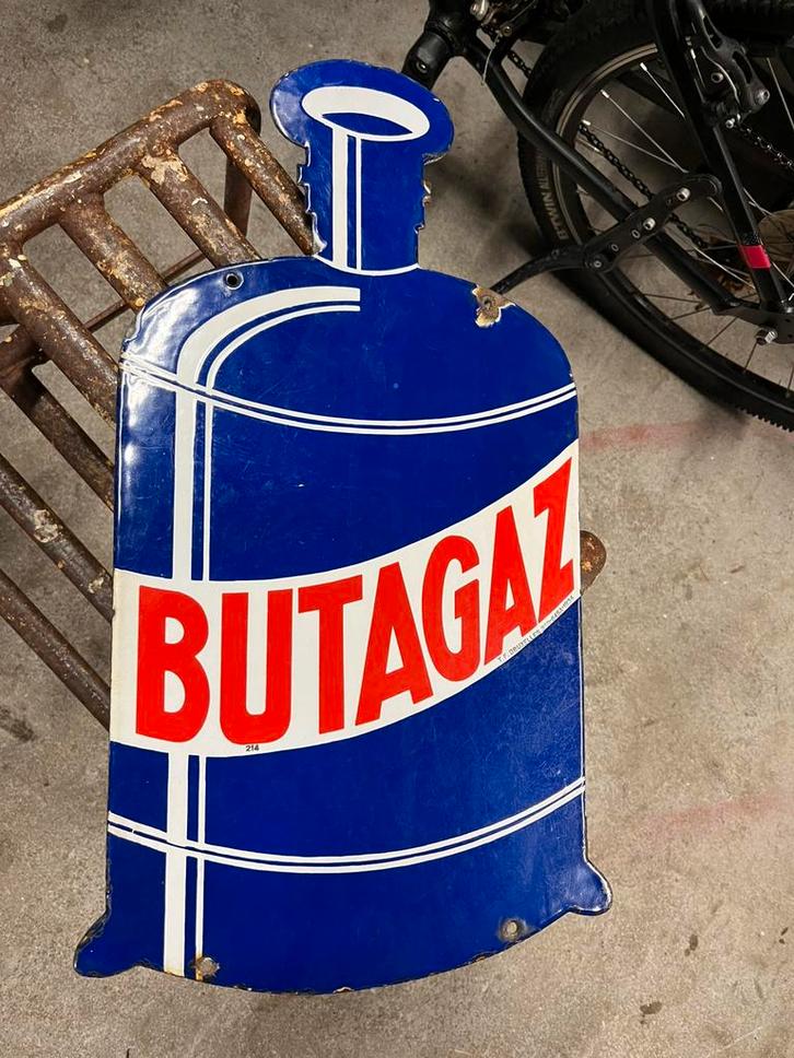 Butagas emaille bord dubbelzijdig 1934, Verzamelen, Merken en Reclamevoorwerpen, Zo goed als nieuw, Ophalen of Verzenden