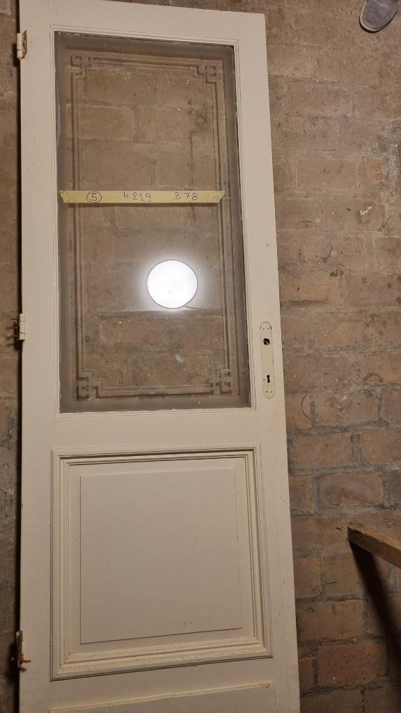 Houten deur met geëtst glasraam, Doe-het-zelf en Bouw, Deuren en Vliegenramen, Gebruikt, Binnendeur, 215 cm of meer, Minder dan 80 cm