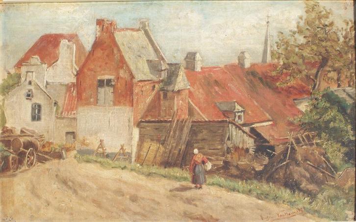 Eugenie Van Ham (19de E): Dorpszicht (51 x 36,5 cm), Antiek en Kunst, Kunst | Schilderijen | Klassiek, Ophalen of Verzenden