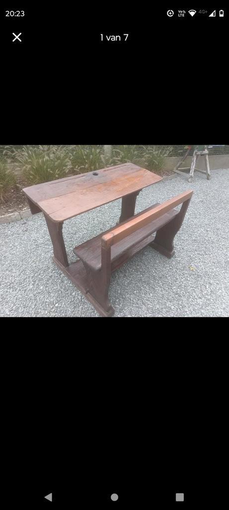 Zeer oude dubbele houten schoolbank, Antiek en Kunst, Curiosa en Brocante, Ophalen of Verzenden