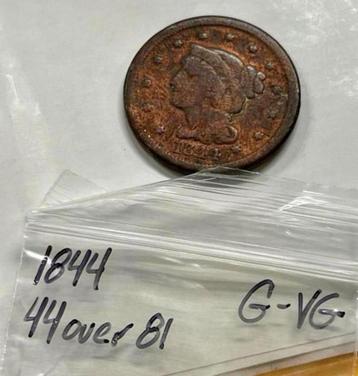 Grote cent-penny uit 1844, 44 over 81 koperen munt antiek beschikbaar voor biedingen