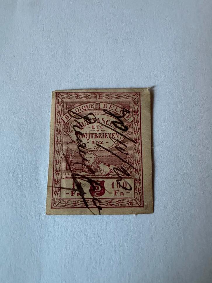 Belastingzegelbewijs België 5 fr — leeuw — 19e eeuw, Postzegels en Munten, Postzegels | Europa | België, Ophalen of Verzenden