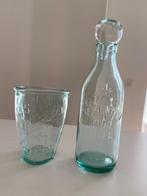 Ancien grand bol + bouteille en verre vert motif de la ferme, Récipient(s), Comme neuf, Autres styles, Enlèvement