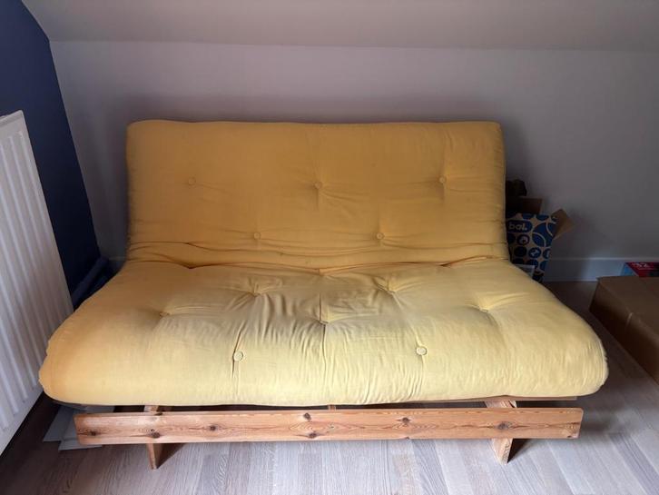 Futon slaapbank, Huis en Inrichting, Zetels | Zetels, Gebruikt, Rechte bank, Tweepersoons, Minder dan 150 cm, 100 tot 125 cm, Hout