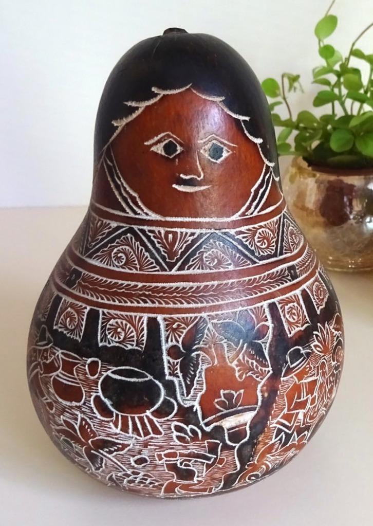 Peru: Shaman Rattle, muziekinstument, handversierde kalebas, Antiek en Kunst, Kunst | Niet-Westerse kunst, Ophalen of Verzenden