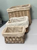 3x Vintage riet Rieten gevlochten mand manden opberg-bakken, Antiek en Kunst, Ophalen of Verzenden