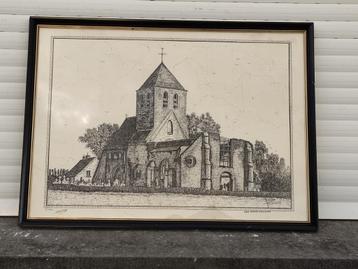 lithographie oud kerkje ettelgem signe deman noel beschikbaar voor biedingen