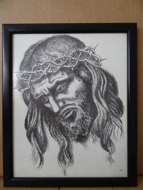 Christuskop Jezus Christus met doornenkroon 27x33cm 1950, Verzamelen, Religie, Zo goed als nieuw, Christendom | Katholiek, Overige typen