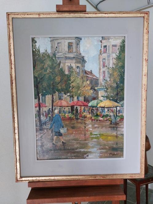 Schilderij van Jos Callaerts. Bloemenmarkt., Antiek en Kunst, Kunst | Schilderijen | Klassiek, Ophalen of Verzenden