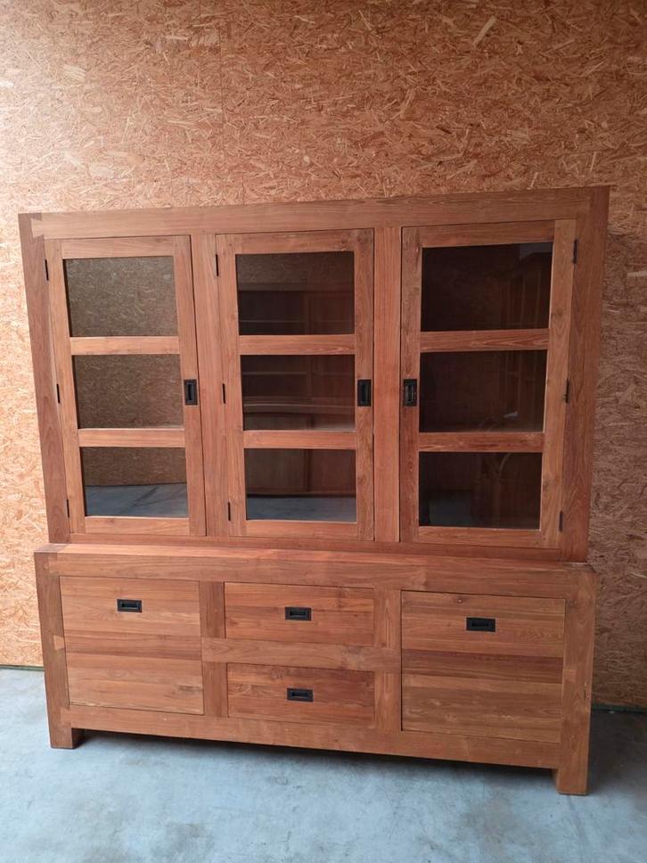 Mooie massief teakhouten  buffetkast/vitrinekast 212cm, Huis en Inrichting, Kasten | Buffetkasten, Gebruikt, Ophalen