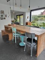 Steigerhouten tafel 3m + 2 banken, Huis en Inrichting, Ophalen, Zo goed als nieuw