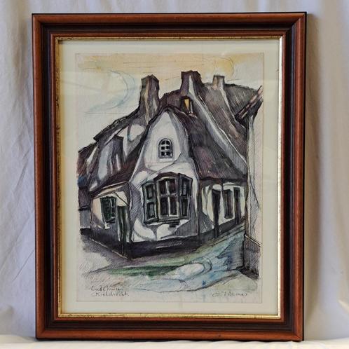 Tekening/Aquarel Mon Thomas " Oude Huizen Kieldrecht ", Antiek en Kunst, Kunst | Schilderijen | Klassiek, Ophalen of Verzenden