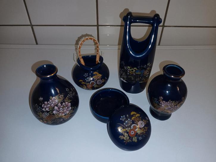 5-delig vintage miniatuur kobalt porseleinen setje te koop, Antiek en Kunst, Antiek | Porselein, Ophalen of Verzenden