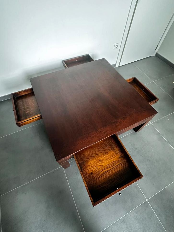 Massief Houten Salontafel – 100x100cm – Met 4 Handige Laden, Antiquités & Art, Antiquités | Meubles | Tables, Enlèvement