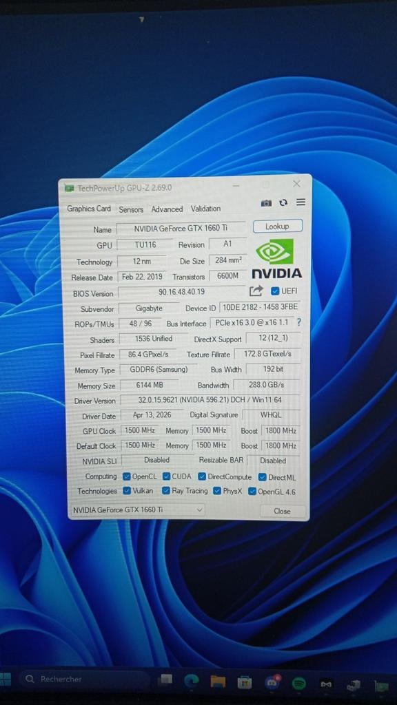Carte graphique gtx 1660 ti, Informatique & Logiciels, Enlèvement, Utilisé, GDDR6, Nvidia