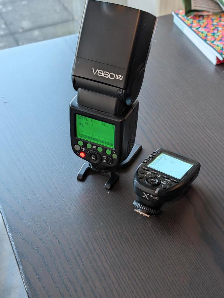 Godox V860 II (voor Canon) + X-Pro C transmitter, Audio, Tv en Foto, Foto | Flitsers, Gebruikt, Canon, Ophalen of Verzenden