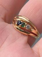 18-karaats gouden ring met saffier en smaragd, Handtassen en Accessoires, Ringen, Ophalen, Zo goed als nieuw, Goud, Goud