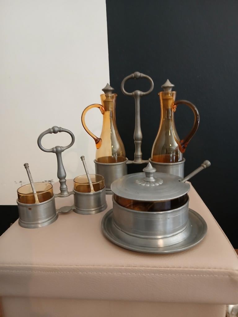 Service de condiments en étain et verre, Antiquités & Art