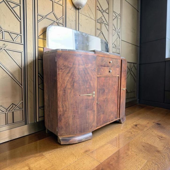Vintage curved art deco kast met marmer en spiegel, Kinderen en Baby's, Kinderkamer | Commodes en Kasten, Gebruikt, Kast, Ophalen