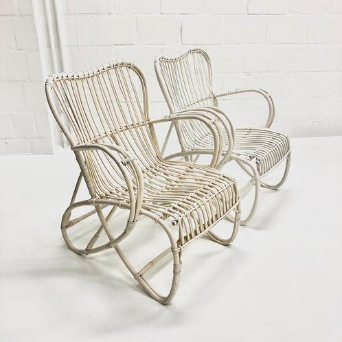 Set witte rotan bamboe stoelen, Huis en Inrichting, Stoelen, Gebruikt, Twee, Riet of Rotan, Wit, Ophalen of Verzenden