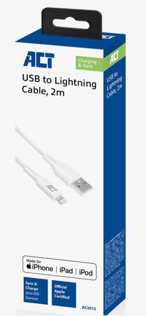 ACT USB laad- en datakabel A male-Lightning male 2meter, Telecommunicatie, Mobiele telefoons | Telefoon-opladers, Nieuw, Ophalen