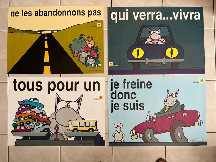 Set van 4 posters P. Geluck, de Kat, Ministerie van Verkeer, Verzamelen, Posters, Gebruikt, Reclame, Deurposter of groter, Rechthoekig Liggend