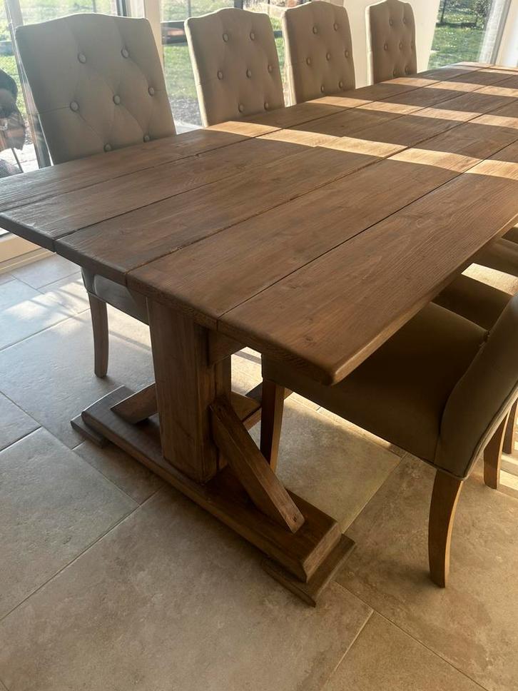 Robuuste kloostertafel (282 cm) + 8 stoelen!, Huis en Inrichting, Tafels | Eettafels, Gebruikt, Ophalen