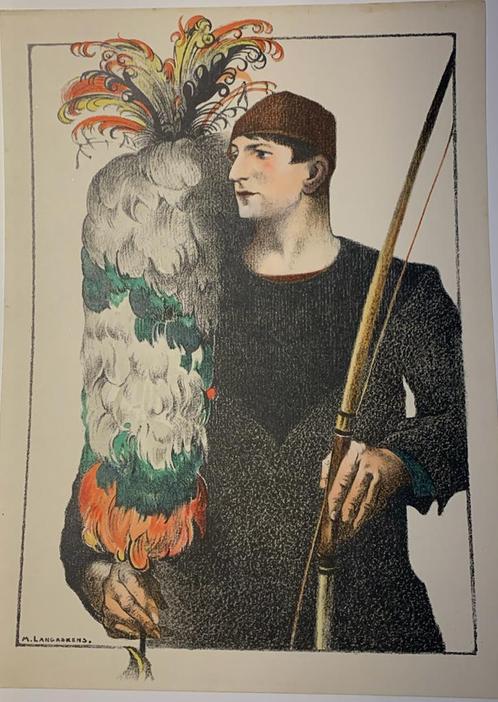 Maurice Langaskens (1846-1964)-Litho Le tireur à l’arc, Antiek en Kunst, Kunst | Litho's en Zeefdrukken, Ophalen of Verzenden
