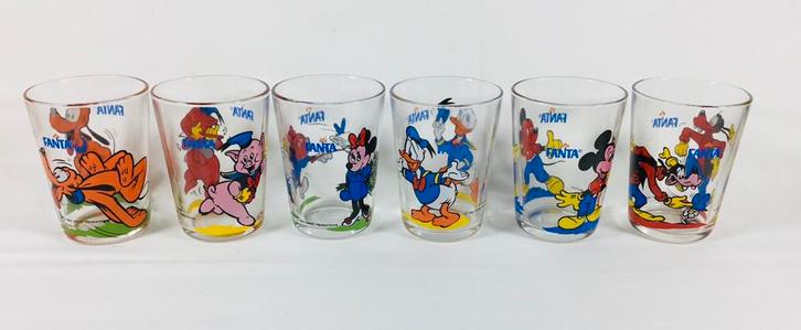 Lot van 6 vintage Design Fanta Disney glazen 70s, Verzamelen, Retro, Huis en Inrichting, Ophalen of Verzenden