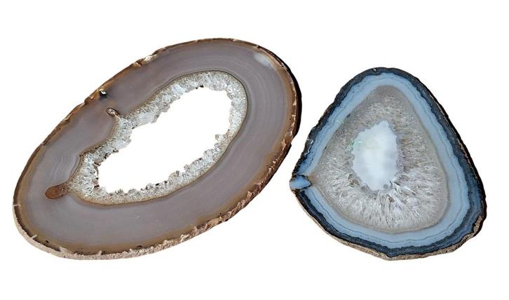 Set de 2 disques en agate naturelle avec druzy - Brésil, Collections, Minéraux & Fossiles, Minéral, Enlèvement ou Envoi