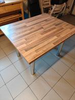 Tafel met houtkleurig werkblad en Inox kleurige ronde poten., Huis en Inrichting, Ophalen, 100 tot 150 cm, 75 cm of meer, Zo goed als nieuw