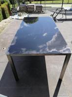 Table en verre noir et pied inox, Glas, Gebruikt, Ophalen of Verzenden
