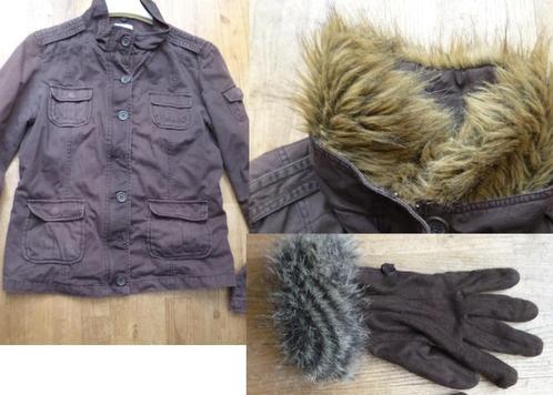 Bruine jas (42) tussenseizoen, pluche kraagje + handschoenen, Kleding | Dames, Jassen | Zomer, Gedragen, Maat 42/44 (L), Bruin