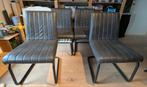 4 faux lederen stoelen (sledevoet, metaal), Huis en Inrichting, Stoelen, Ophalen, Gebruikt, Vier, Grijs