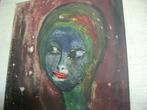 Schilderij jaren 50/60 vrouw kleurrijk olieverf op papier, Ophalen of Verzenden