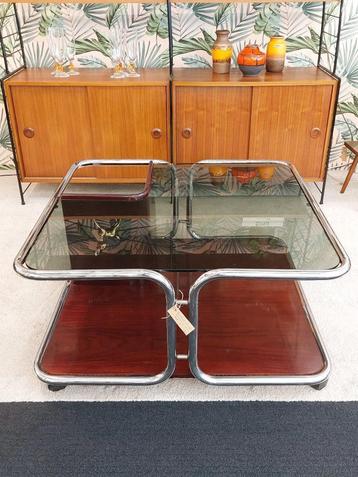 Vintage buisframe salontafel rookglas chroom 70s disponible aux enchères