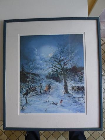 Gravure Hunters in rust, in de winter beschikbaar voor biedingen